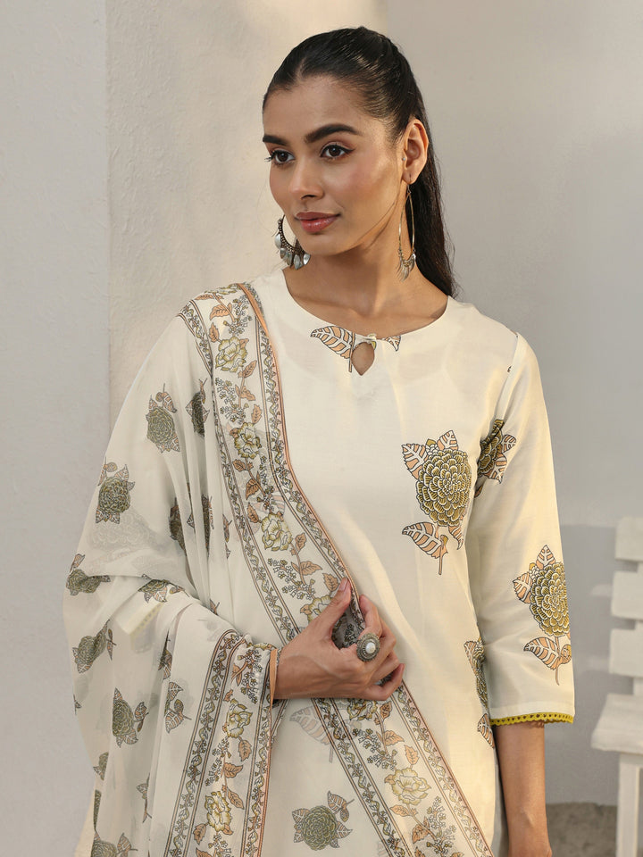Libas Off White Floral Printed Cotton Blend Straight Suit Set With Dupatta