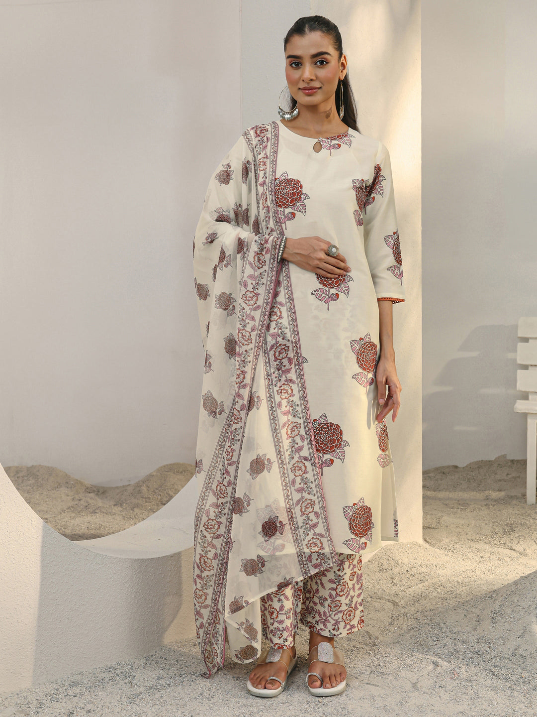 Libas Off White Floral Printed Cotton Blend Straight Suit Set With Dupatta