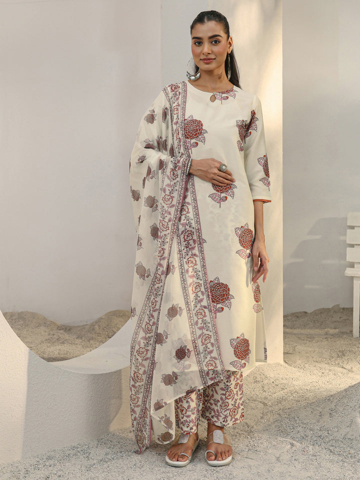 Libas Off White Floral Printed Cotton Blend Straight Suit Set With Dupatta