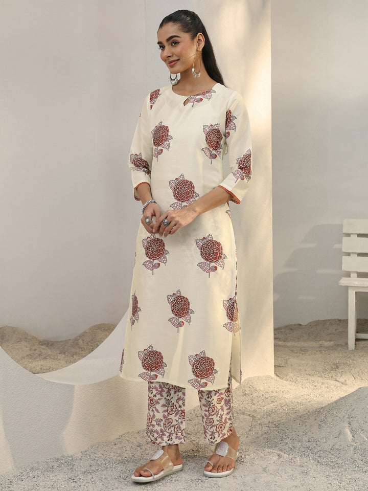 Libas Off White Floral Printed Cotton Blend Straight Suit Set With Dupatta