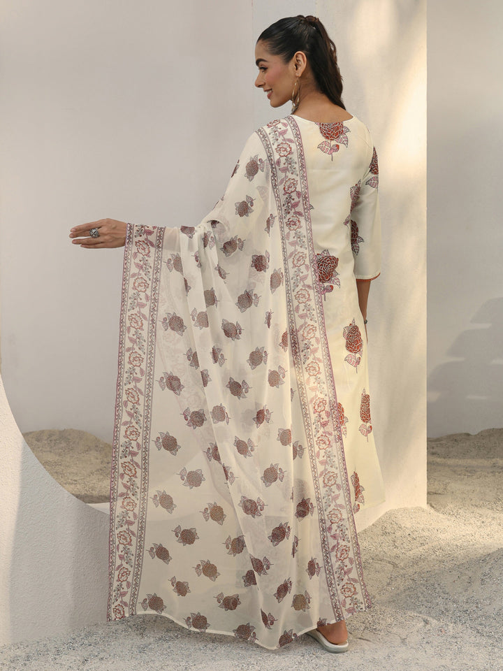 Libas Off White Floral Printed Cotton Blend Straight Suit Set With Dupatta