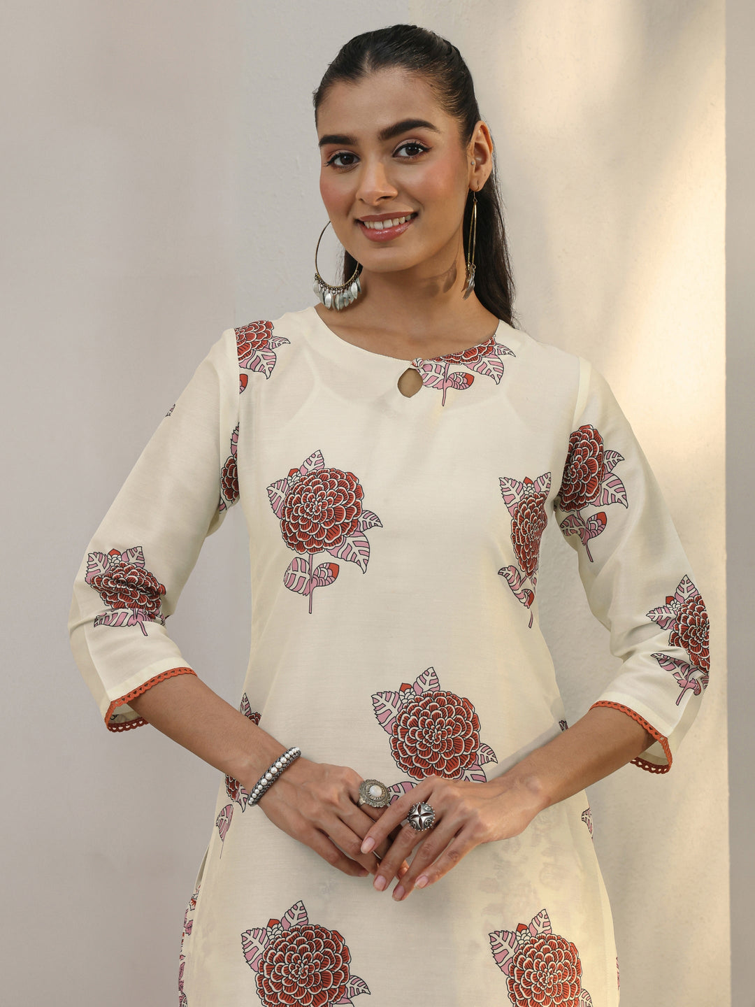 Libas Off White Floral Printed Cotton Blend Straight Suit Set With Dupatta