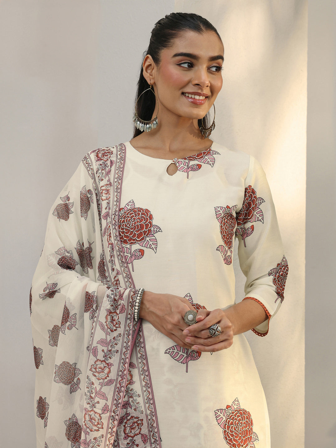 Libas Off White Floral Printed Cotton Blend Straight Suit Set With Dupatta