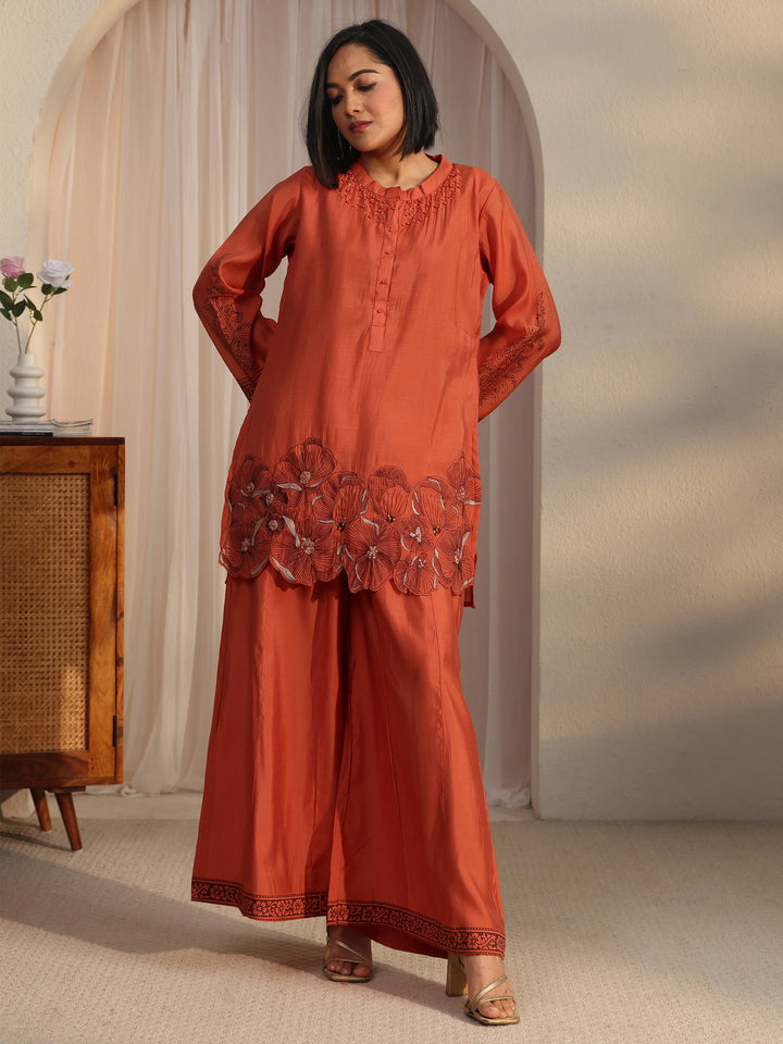 Libas Rust Orange Floral Embroidered Silk Blend Co-Ord Set