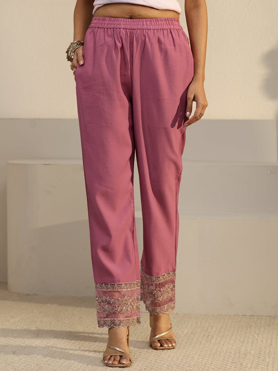 Libas Dusty Pink Floral Yoke Silk Blend Straight Suit Set
