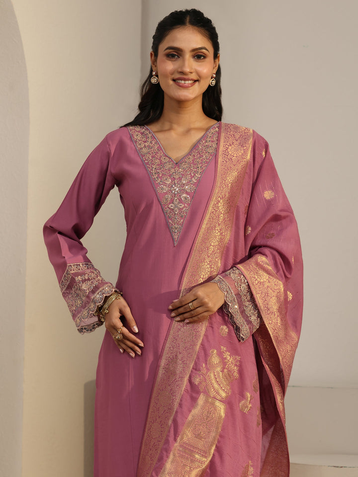 Libas Dusty Pink Floral Yoke Silk Blend Straight Suit Set