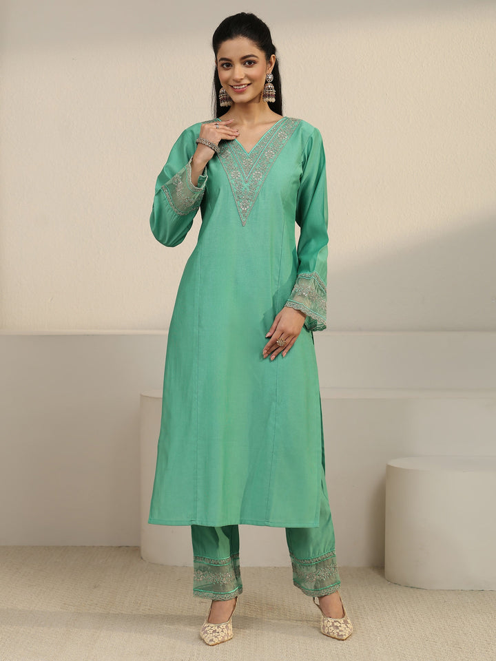 Libas Sea Green Floral Yoke Silk Blend Straight Suit Set