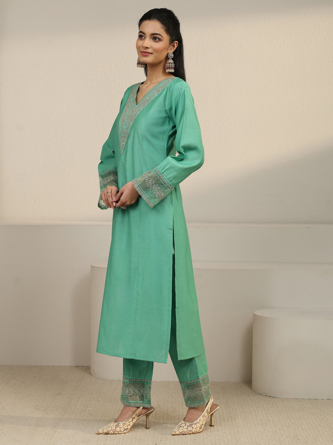 Libas Sea Green Floral Yoke Silk Blend Straight Suit Set
