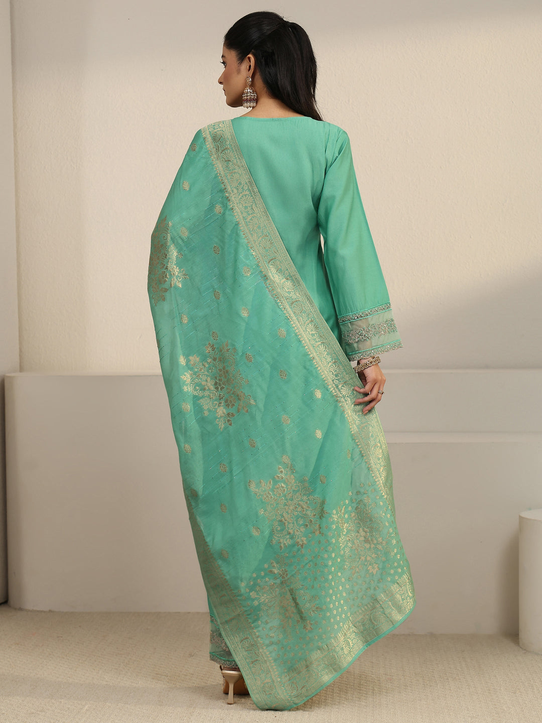 Libas Sea Green Floral Yoke Silk Blend Straight Suit Set