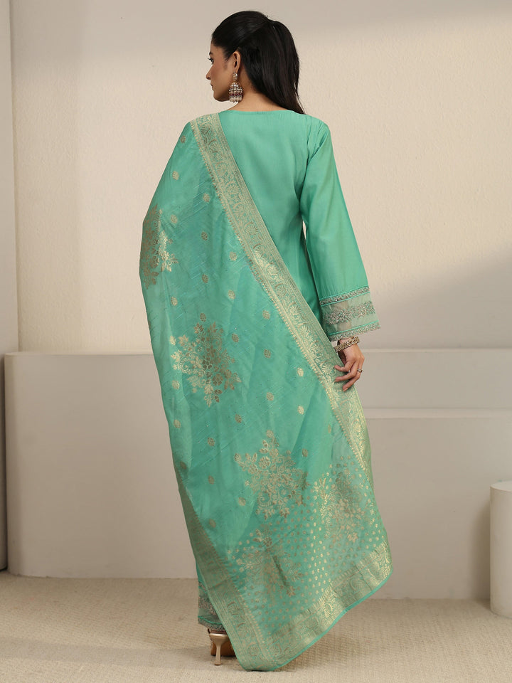 Libas Sea Green Floral Yoke Silk Blend Straight Suit Set