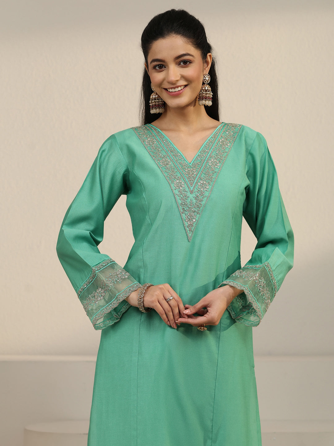 Libas Sea Green Floral Yoke Silk Blend Straight Suit Set