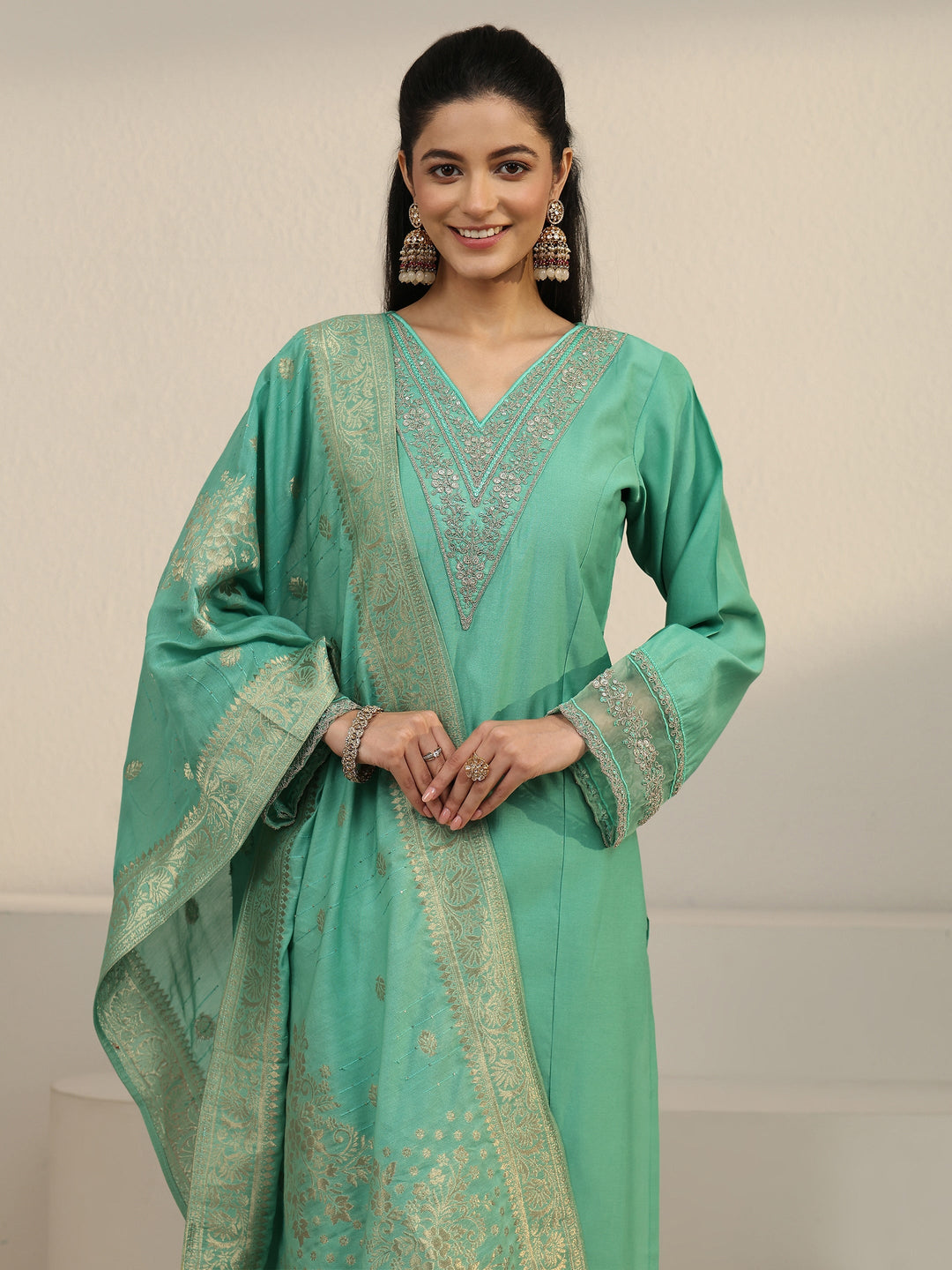 Libas Sea Green Floral Yoke Silk Blend Straight Suit Set