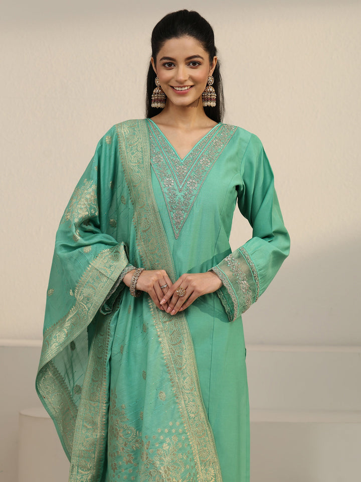 Libas Sea Green Floral Yoke Silk Blend Straight Suit Set