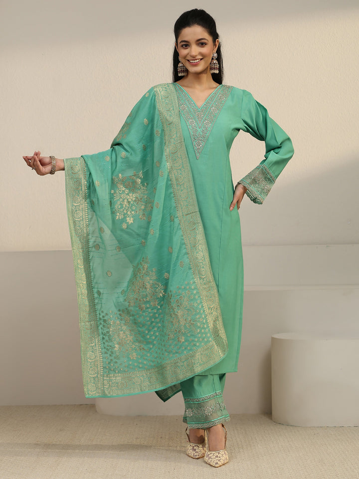 Libas Sea Green Floral Yoke Silk Blend Straight Suit Set