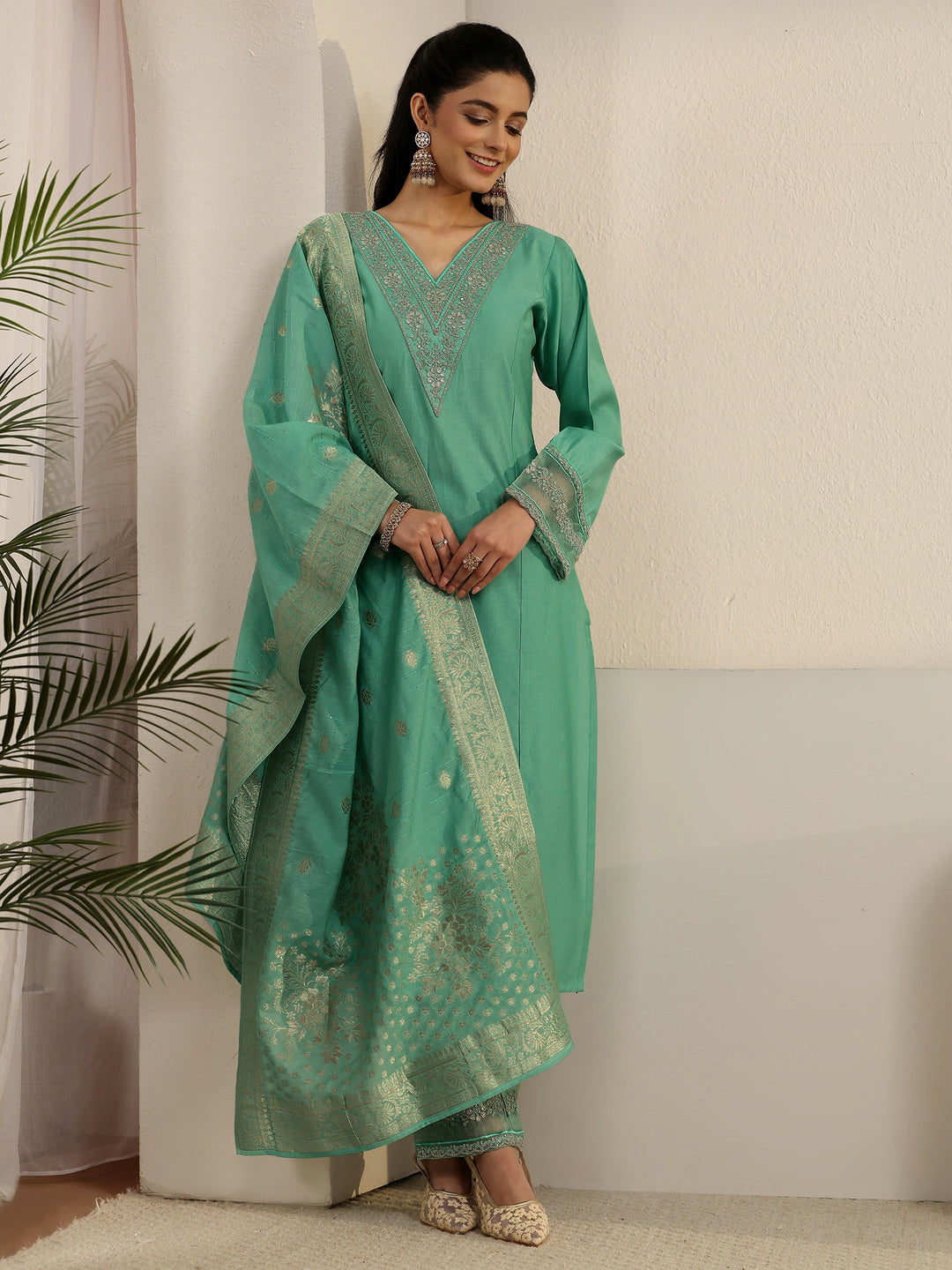 Libas Sea Green Floral Yoke Silk Blend Straight Suit Set