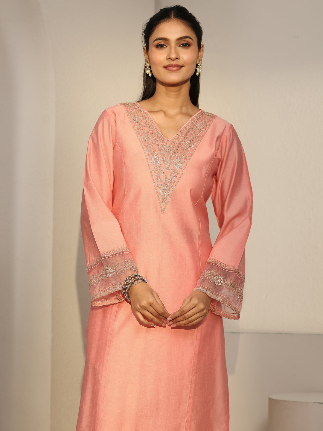 Libas Peach Pink Floral Yoke Silk Blend Straight Suit Set