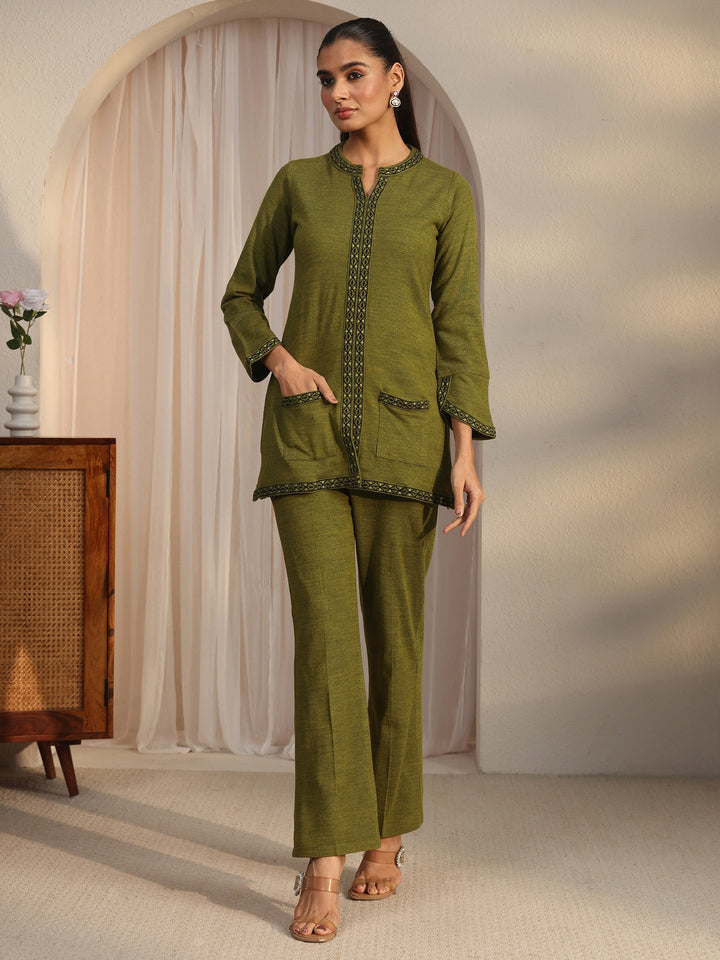 Libas Olive Green Woven Design Woolen Co-Ord Set