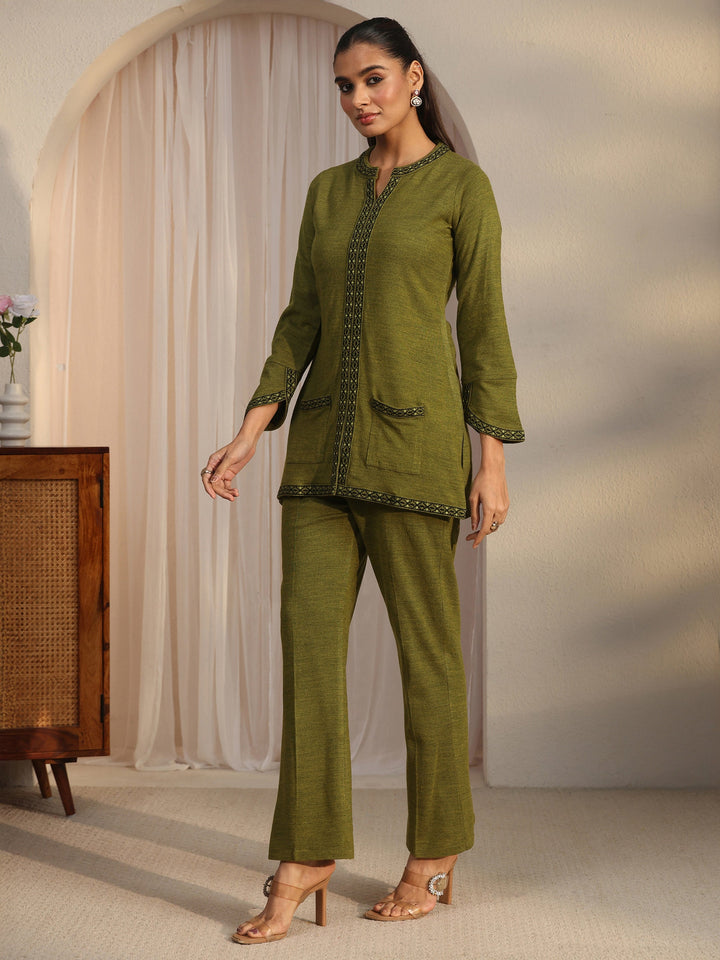 Libas Olive Green Woven Design Woolen Co-Ord Set