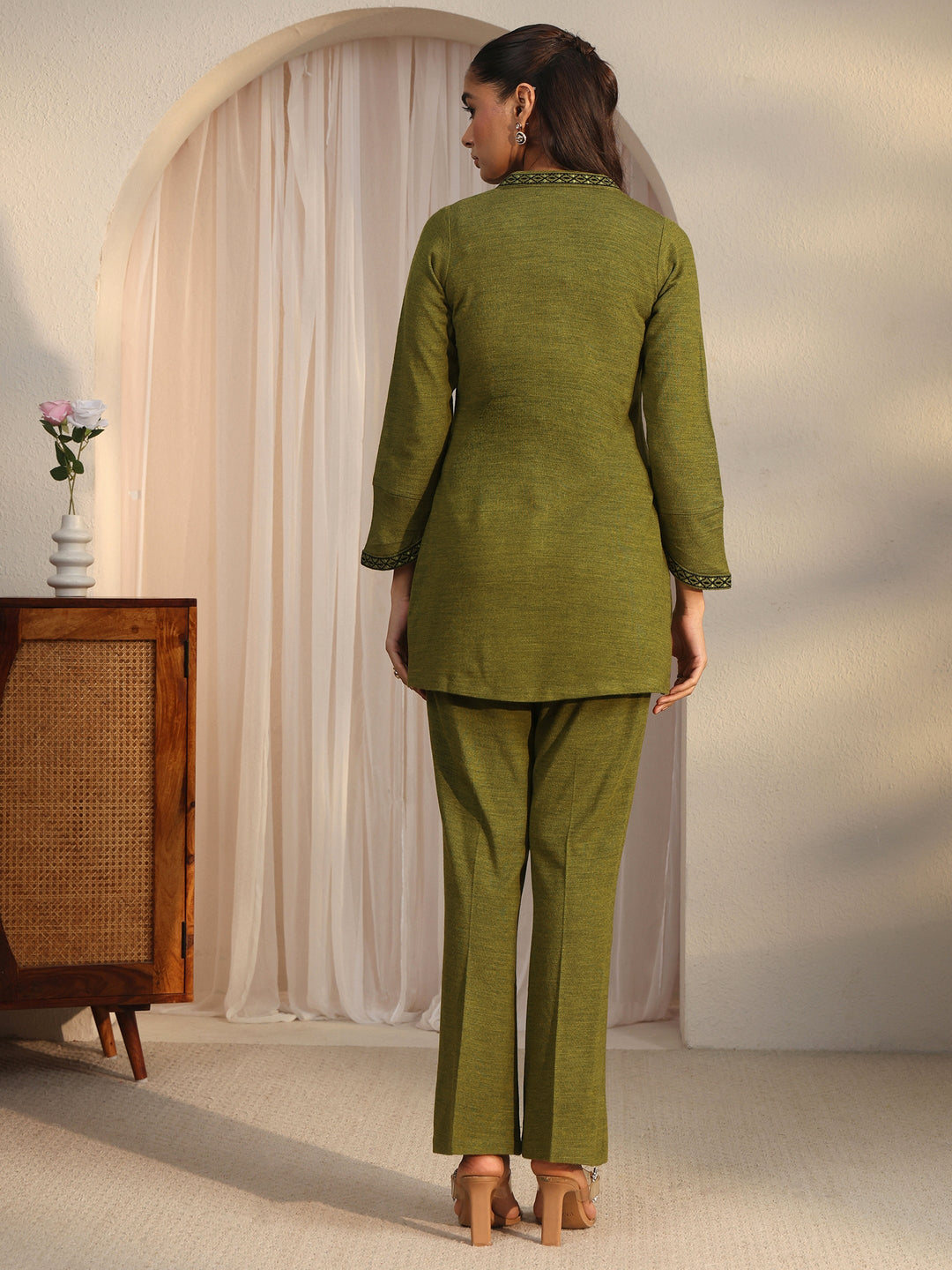 Libas Olive Green Woven Design Woolen Co-Ord Set