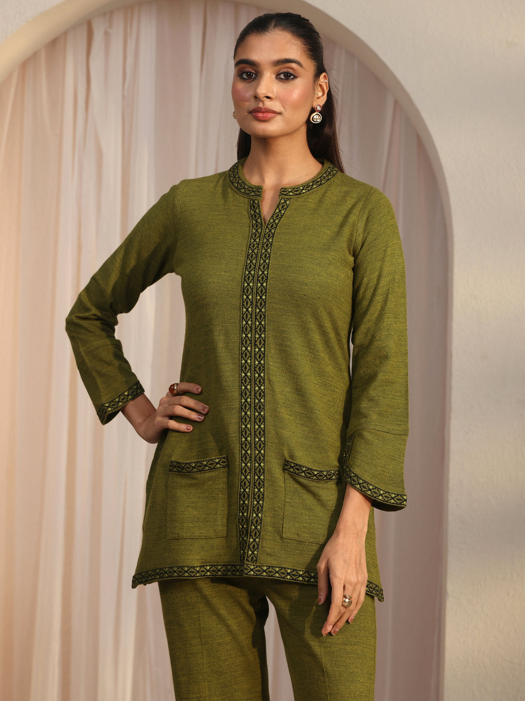 Libas Olive Green Woven Design Woolen Co-Ord Set