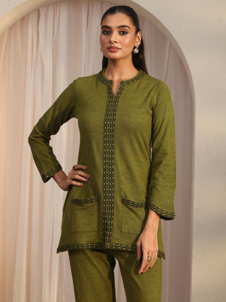 Libas Olive Green Woven Design Woolen Co-Ord Set