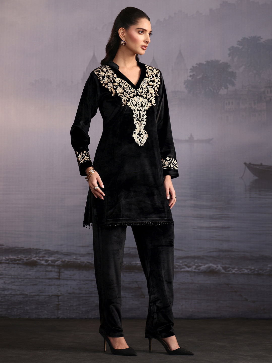 Libas Black Floral Embroidered Velvet Co-Ord Set