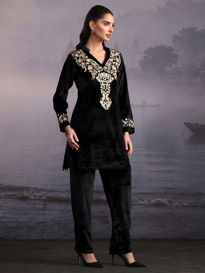 Libas Black Floral Embroidered Velvet Co-Ord Set