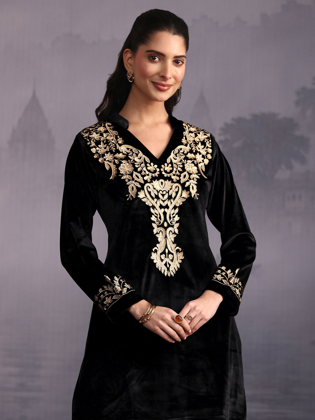 Libas Black Floral Embroidered Velvet Co-Ord Set