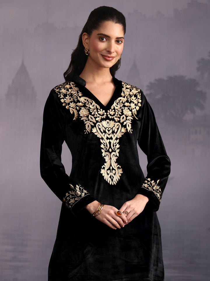 Libas Black Floral Embroidered Velvet Co-Ord Set