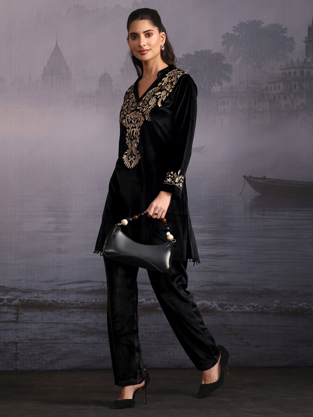 Libas Black Floral Embroidered Velvet Co-Ord Set