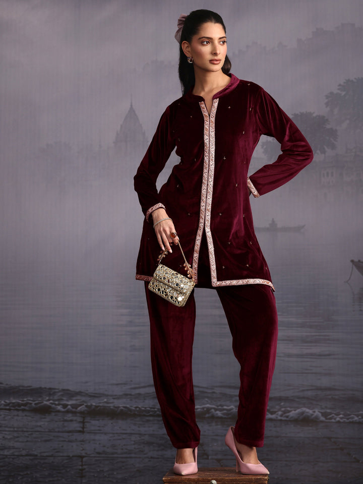 Libas Wine Embroidered Velvet Co-Ord Set