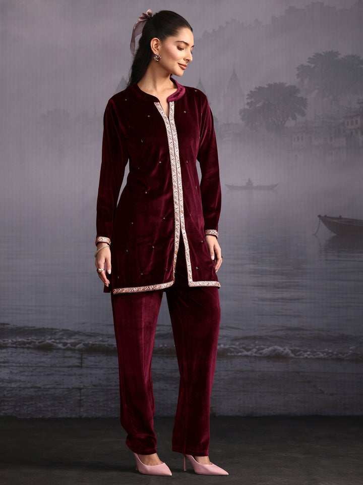 Libas Wine Embroidered Velvet Co-Ord Set