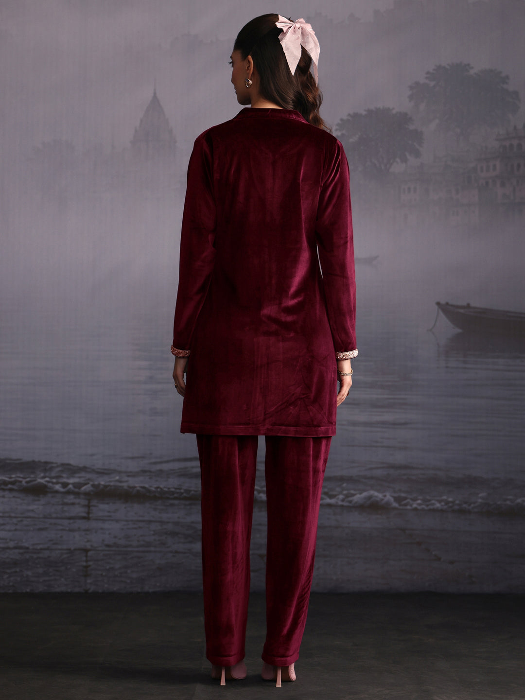 Libas Wine Embroidered Velvet Co-Ord Set