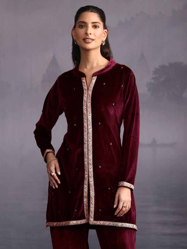 Libas Wine Embroidered Velvet Co-Ord Set