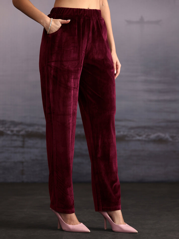 Libas Wine Embroidered Velvet Co-Ord Set