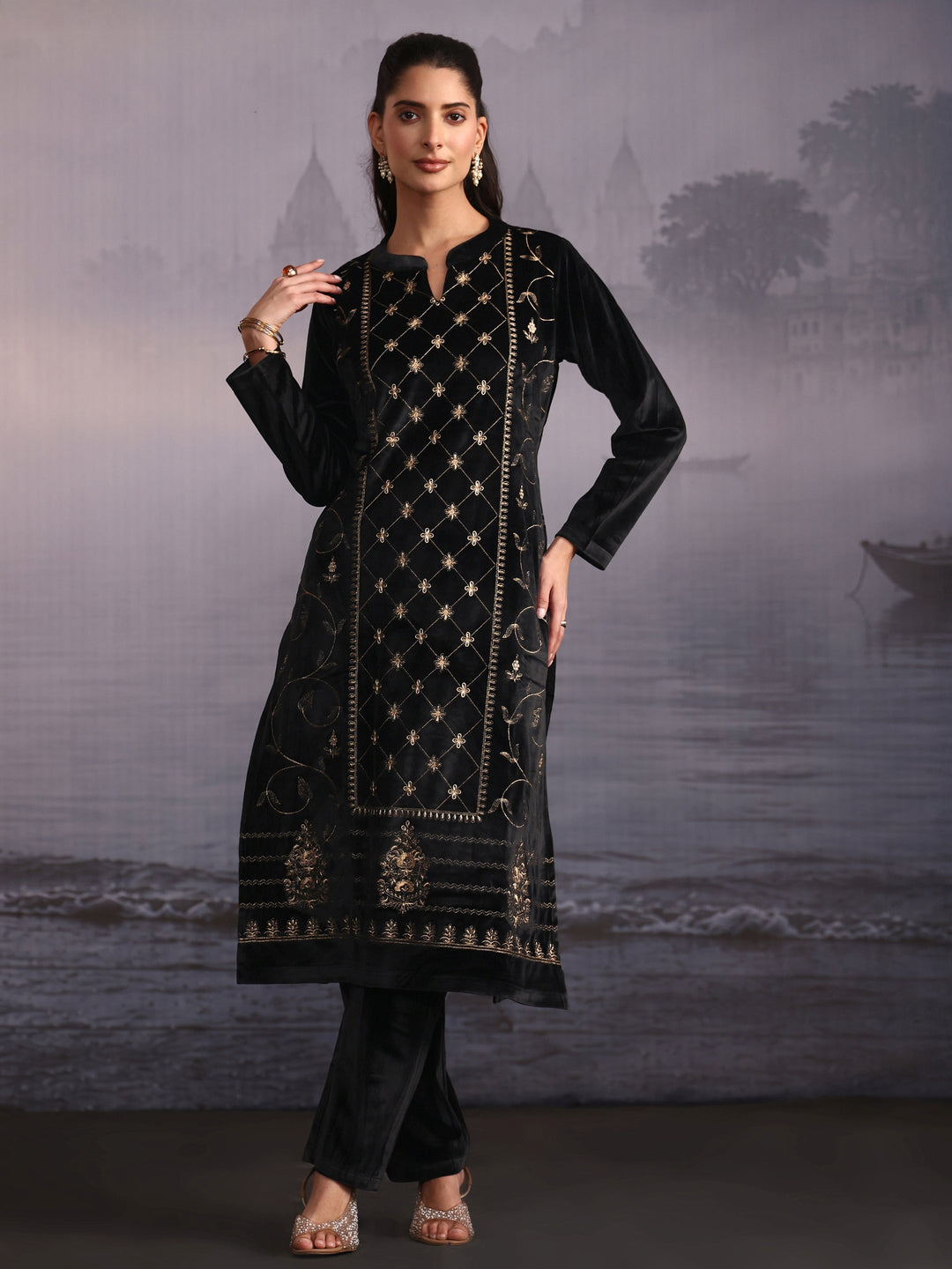 Libas Black Floral Embroidered Velvet Straight Suit Set