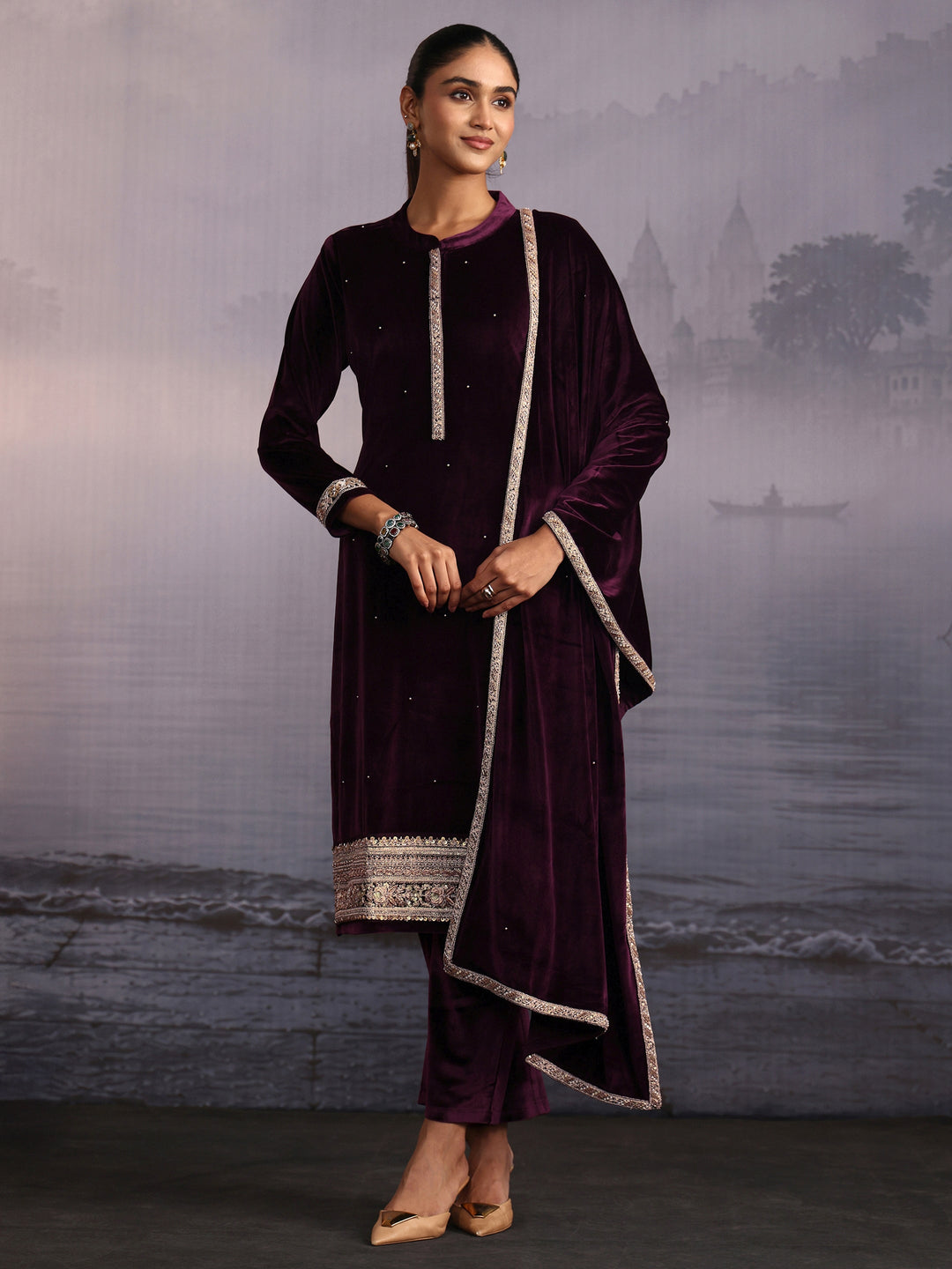 Libas Wine Embroidered Velvet Straight Suit Set