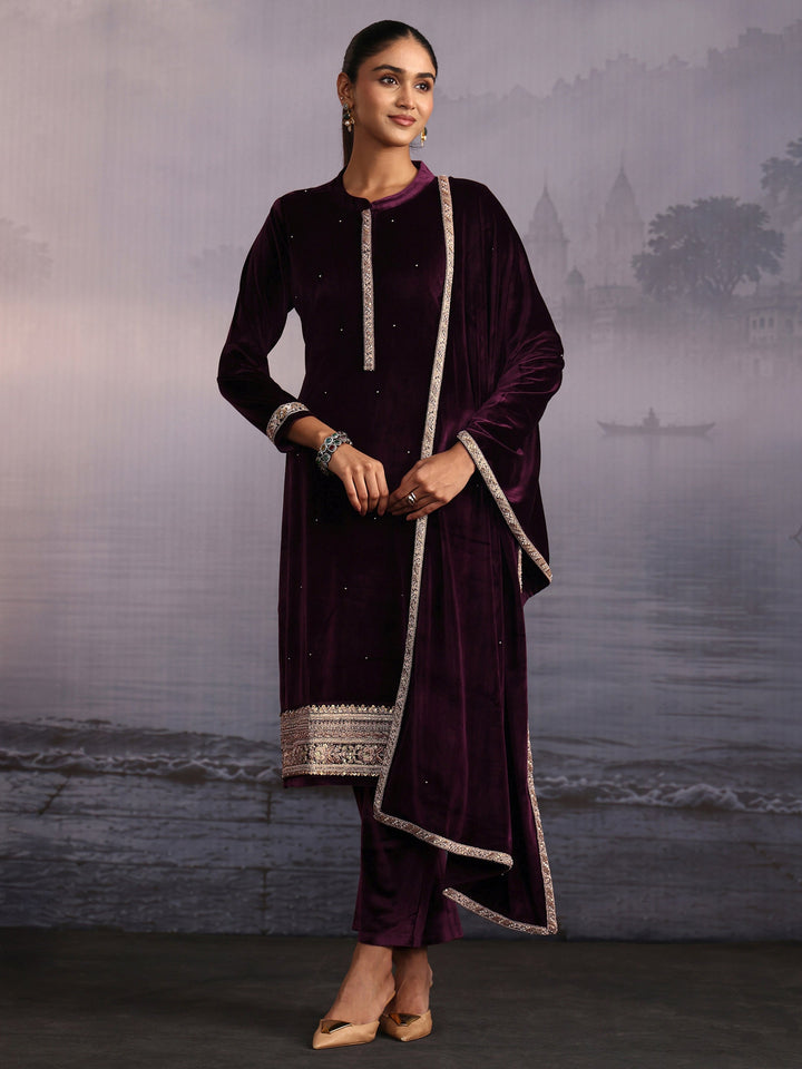 Libas Wine Embroidered Velvet Straight Suit Set