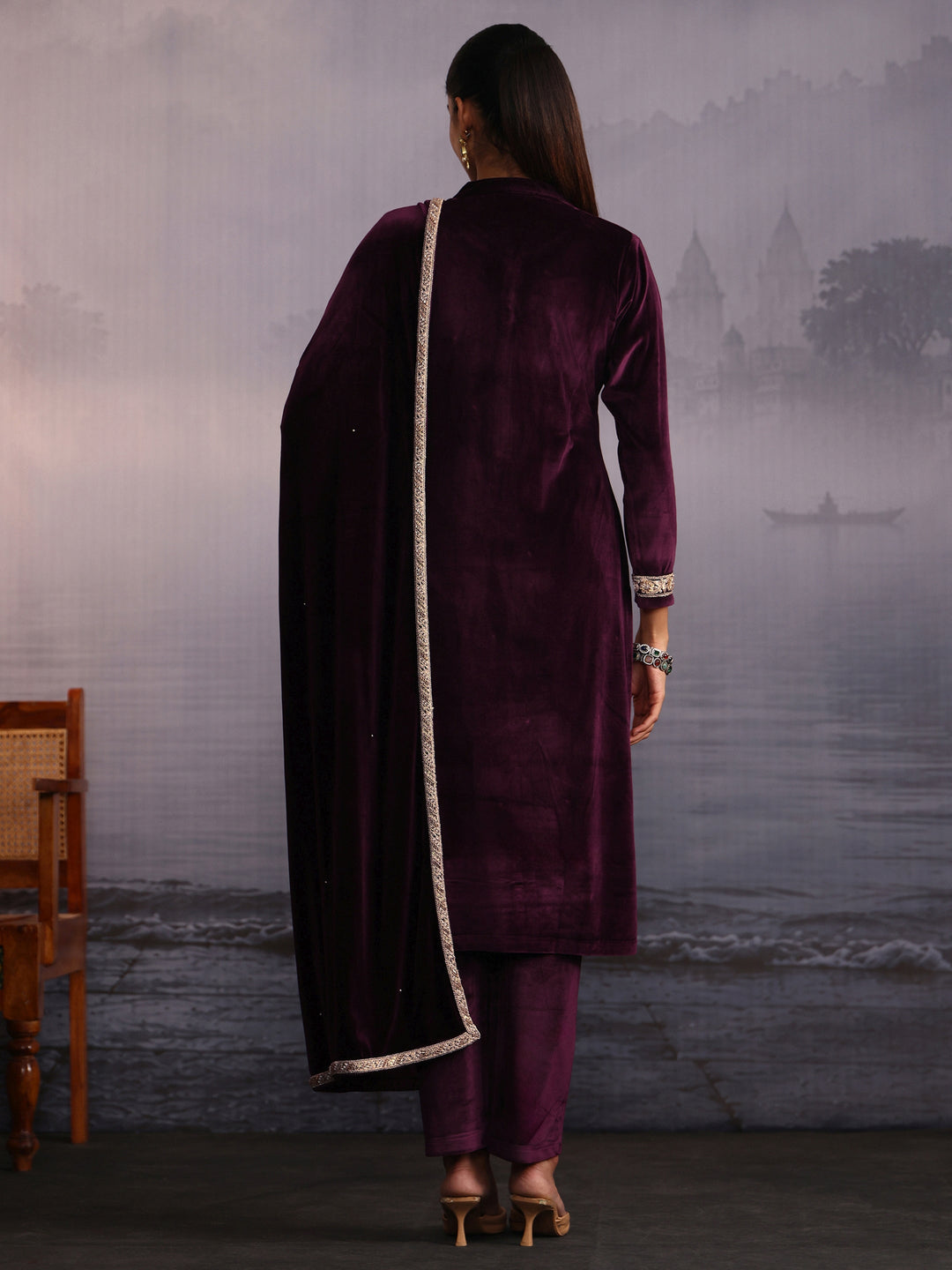 Libas Wine Embroidered Velvet Straight Suit Set