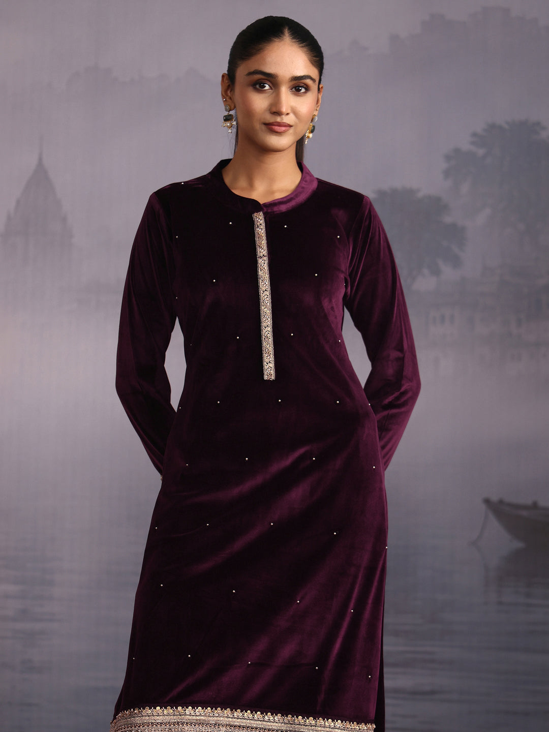 Libas Wine Embroidered Velvet Straight Suit Set