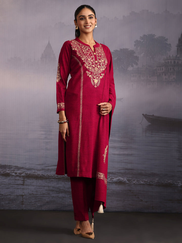 Libas Ruby Red Kashmiri Style Embroidered Woolen Straight Suit Set