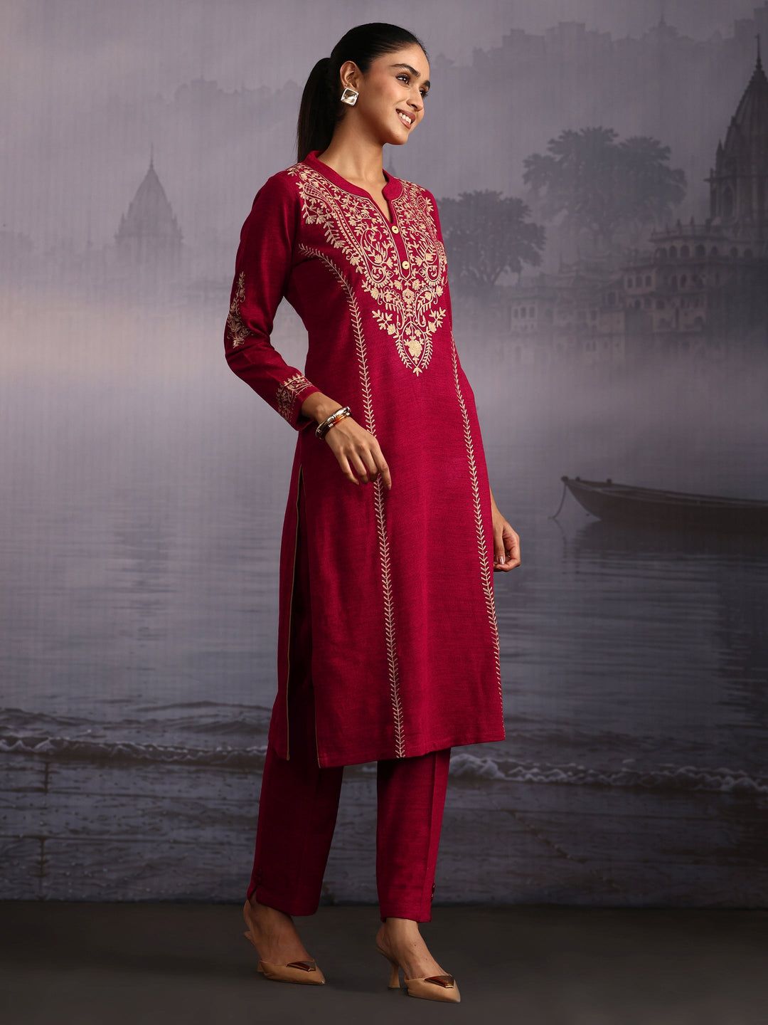 Libas Ruby Red Kashmiri Style Embroidered Woolen Straight Suit Set