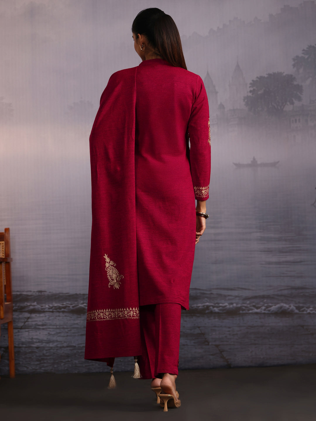 Libas Ruby Red Kashmiri Style Embroidered Woolen Straight Suit Set