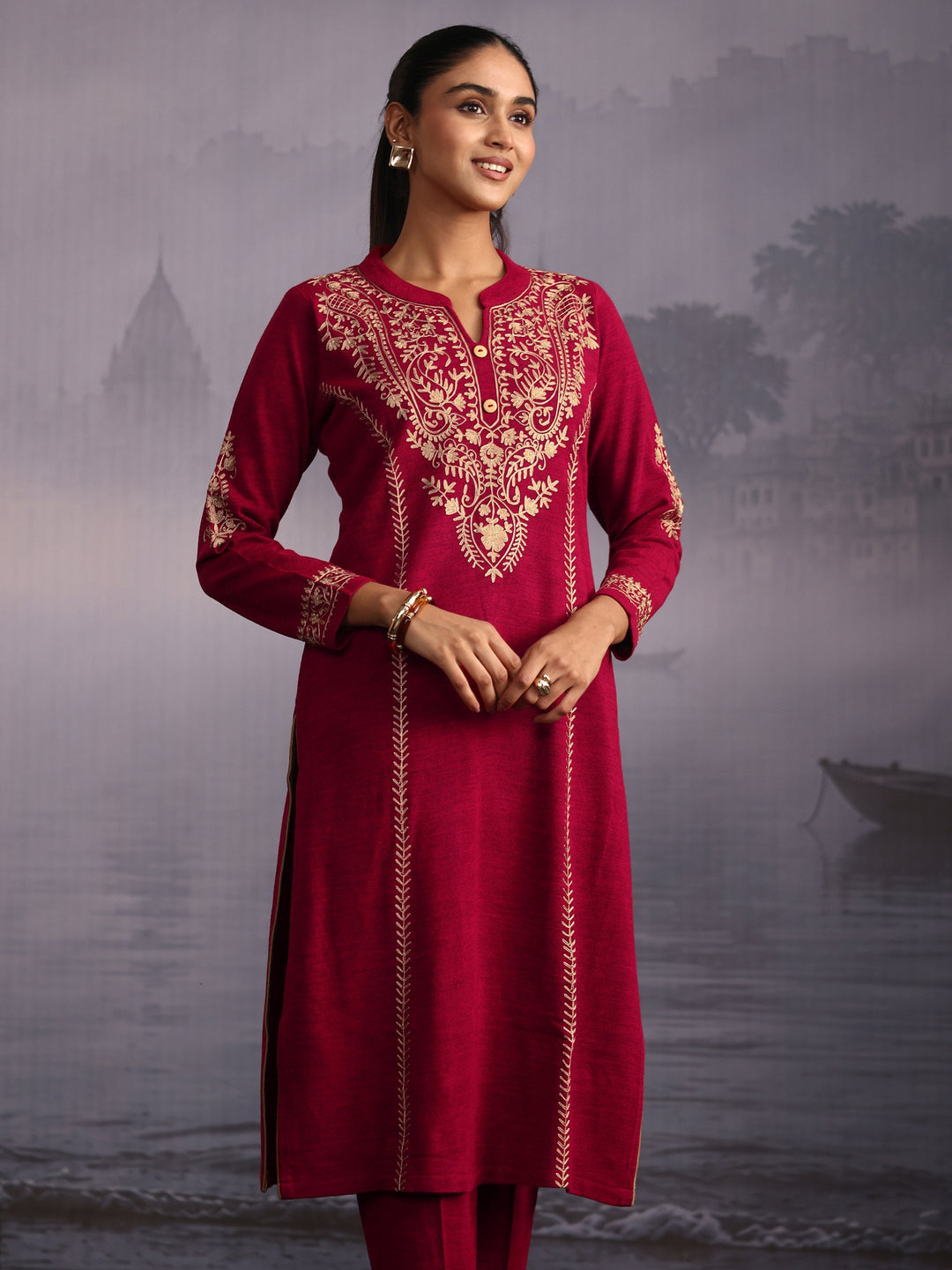 Libas Ruby Red Kashmiri Style Embroidered Woolen Straight Suit Set