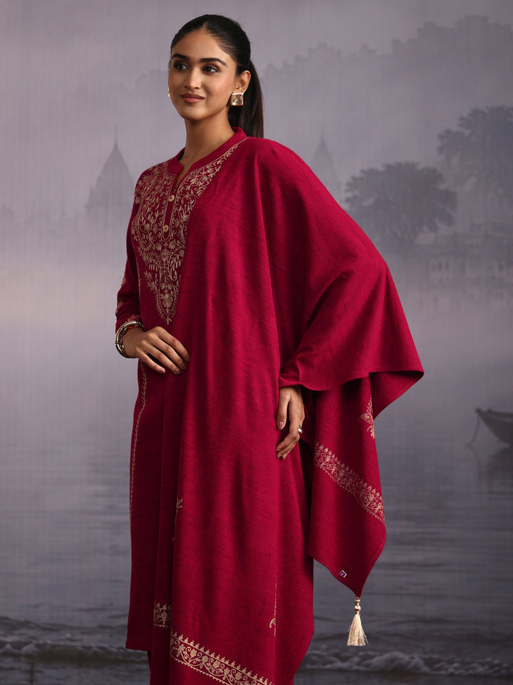 Libas Ruby Red Kashmiri Style Embroidered Woolen Straight Suit Set