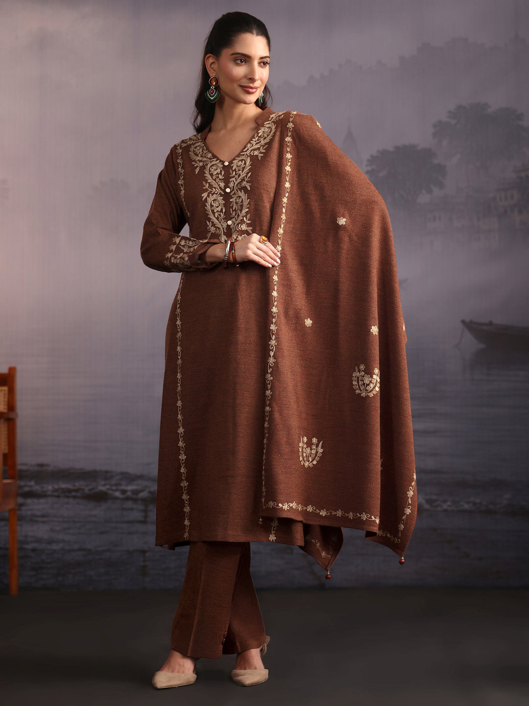 Libas Rust Brown Kashmiri Style Embroidered Woolen Straight Suit Set