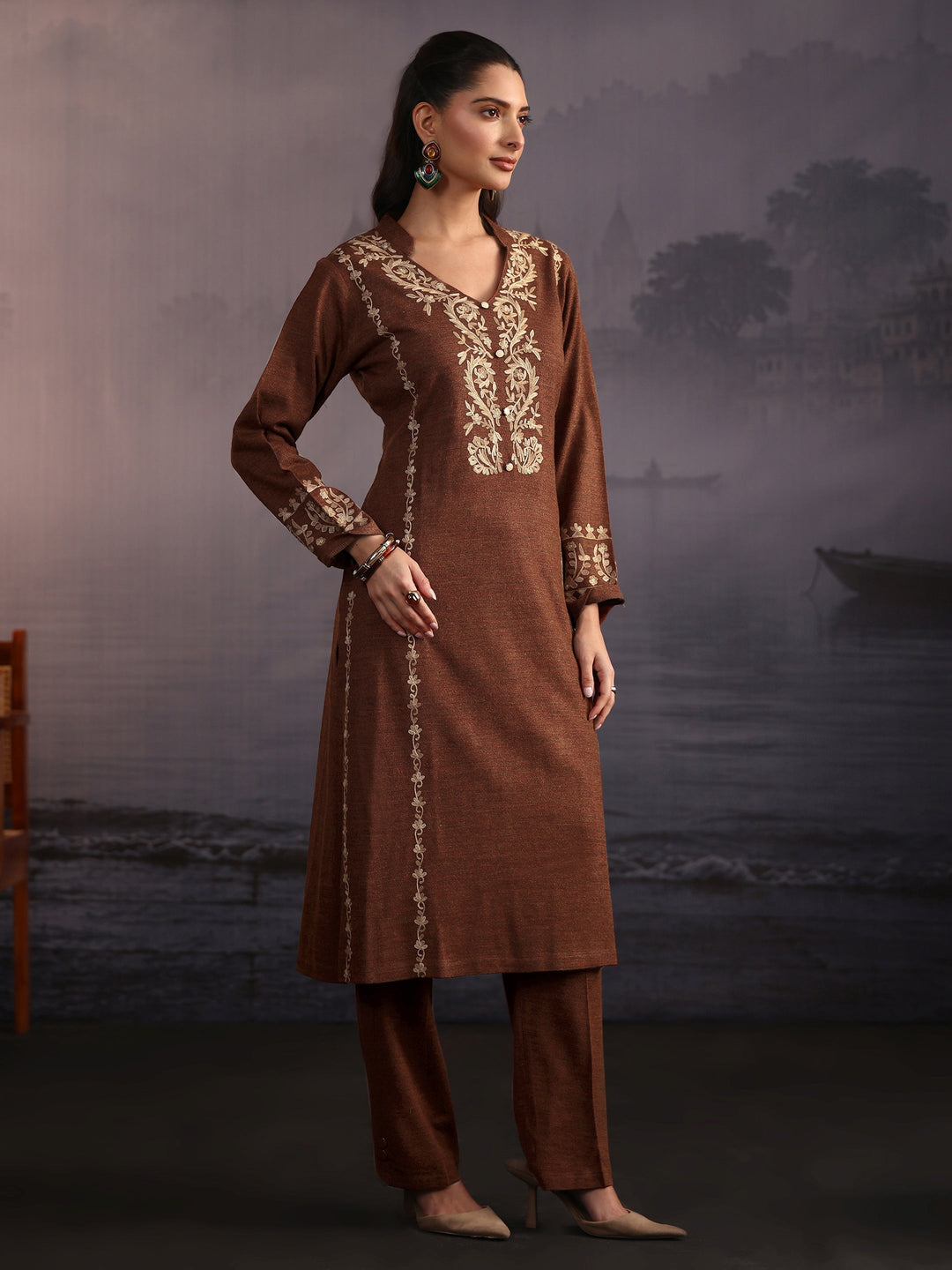 Libas Rust Brown Kashmiri Style Embroidered Woolen Straight Suit Set