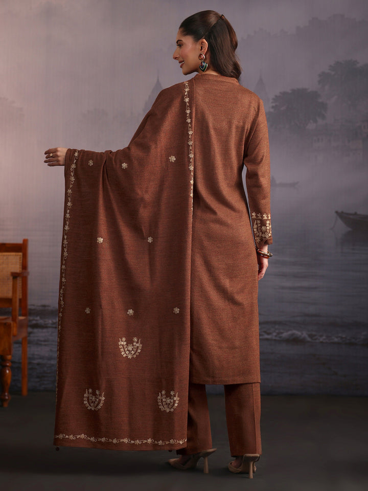 Libas Rust Brown Kashmiri Style Embroidered Woolen Straight Suit Set