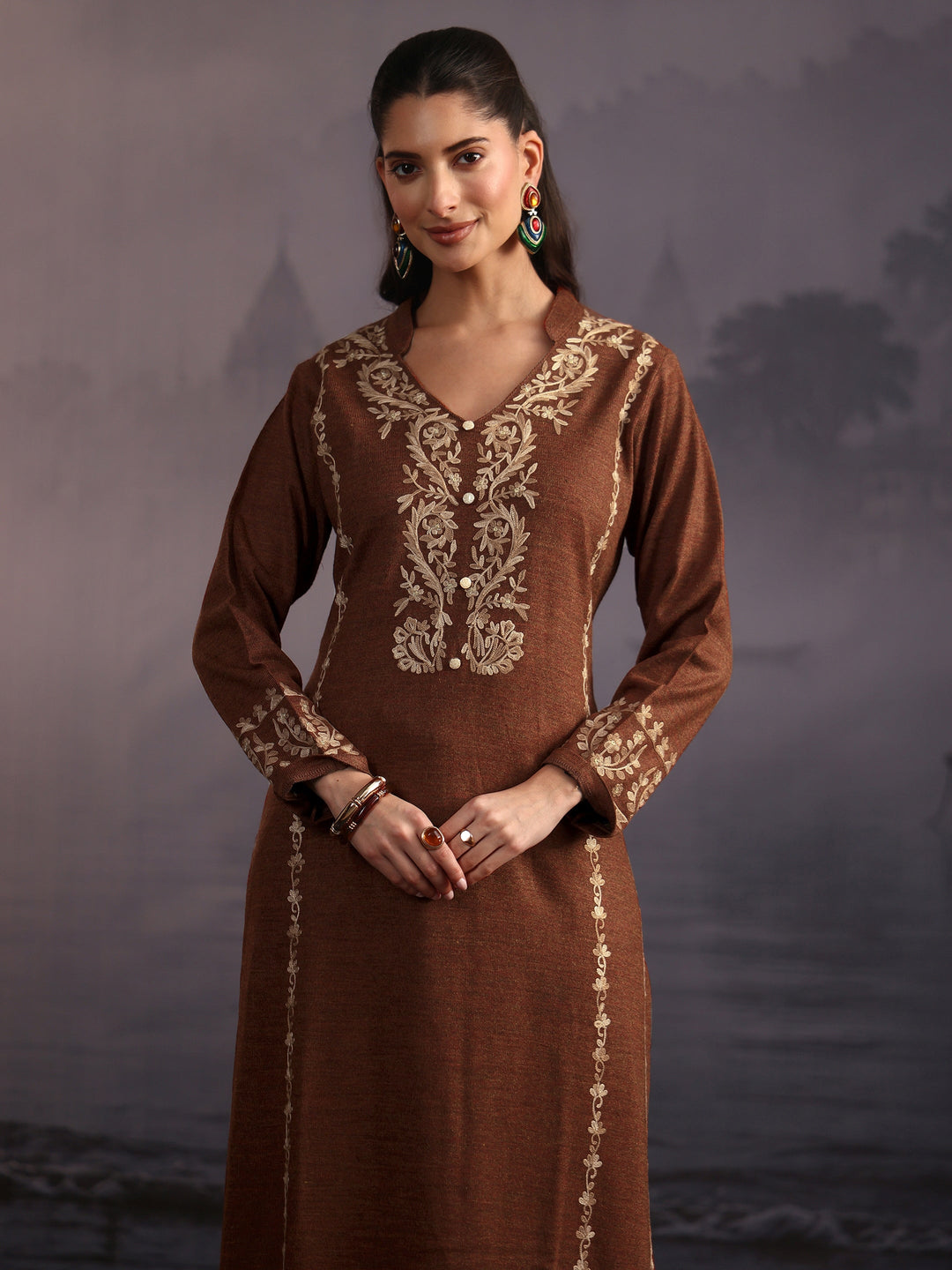 Libas Rust Brown Kashmiri Style Embroidered Woolen Straight Suit Set