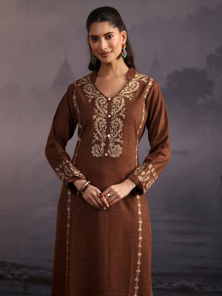Libas Rust Brown Kashmiri Style Embroidered Woolen Straight Suit Set
